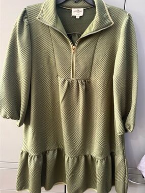 Umgee Sage Green Quilted Half-Zip Ruffle-Hem Top
